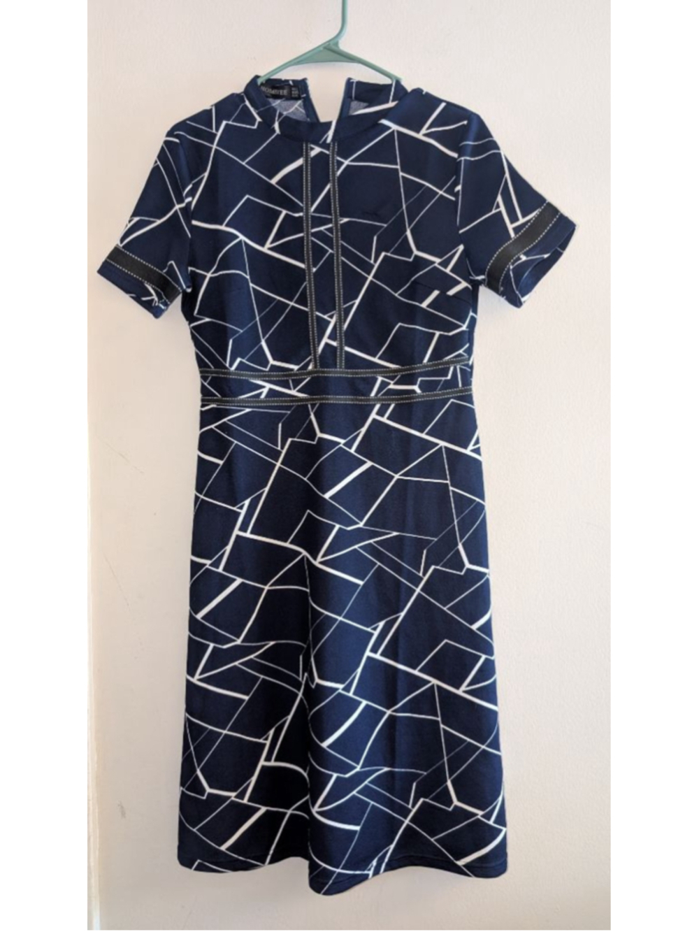 HOMEYEE Navy White Geometric Print Short Sleeve Dress Size 8, WOMEN'S